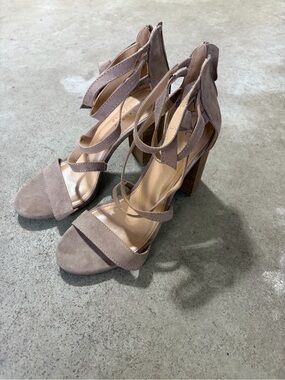 LC Lauren Conrad Taupe Suede Lace-Up Block Heel Sandals
